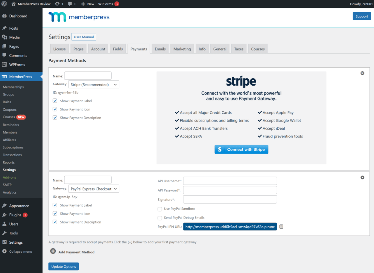 Opções de pagamento do MemberPress