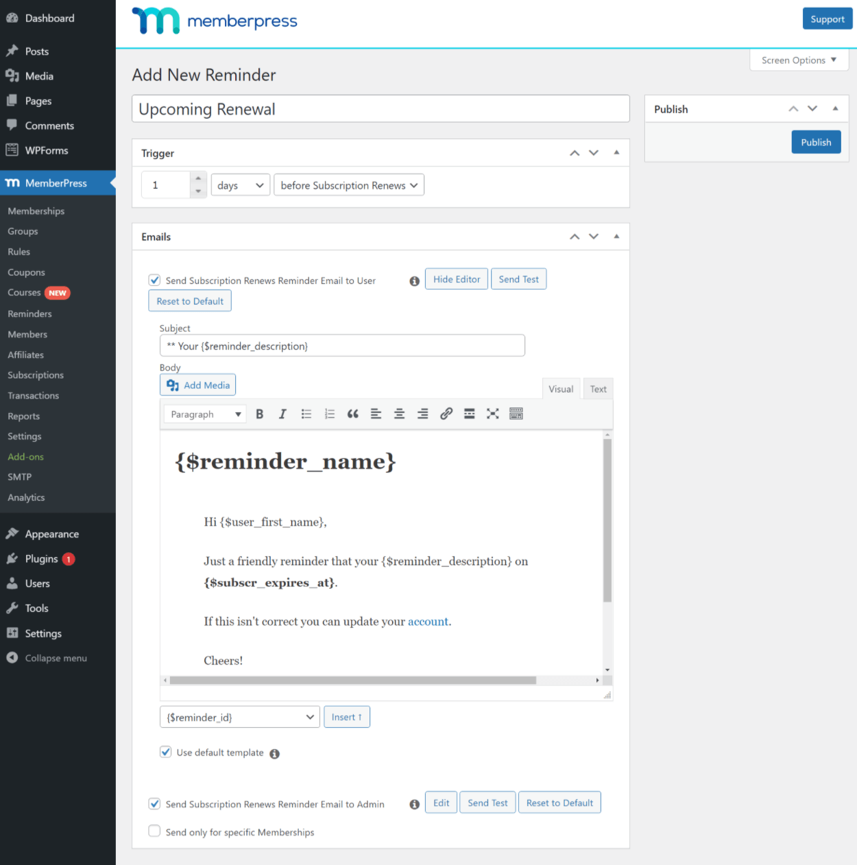 E-mails de lembrete do MemberPress
