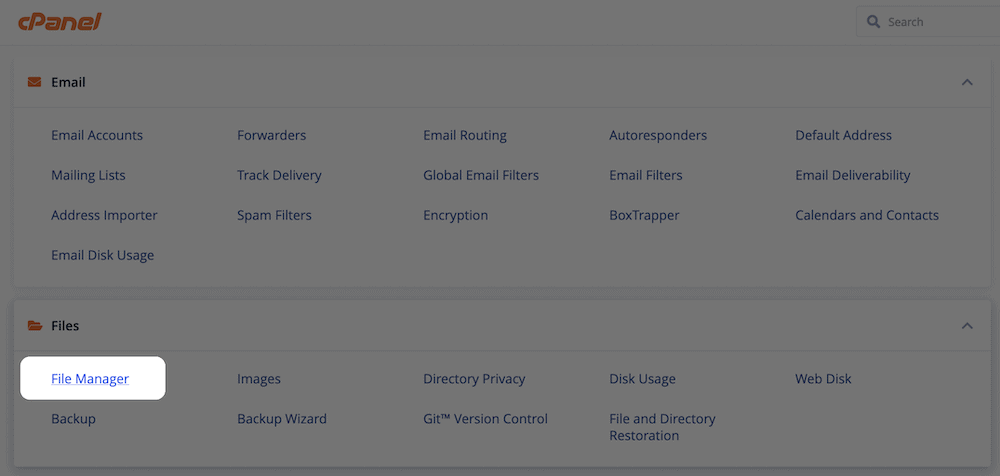 cPanel 中的文件管理器鏈接。