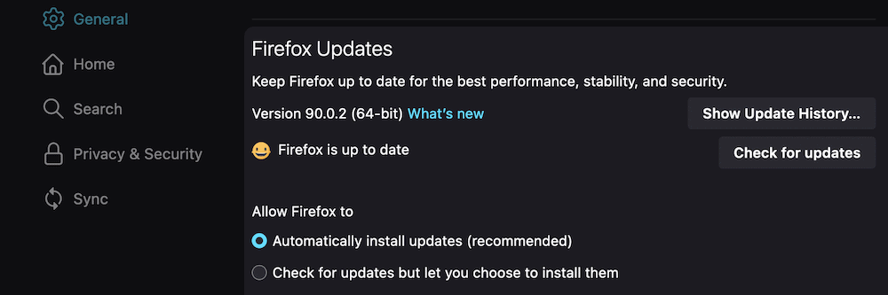 A tela de atualizações do Firefox.