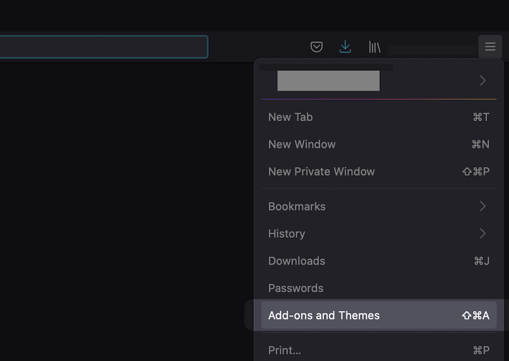 A opção Complementos e Temas no Firefox.