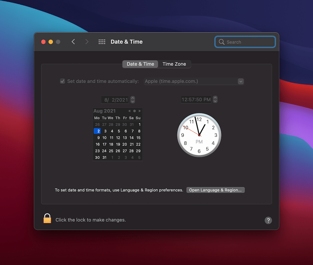 As configurações de data e hora no macOS.