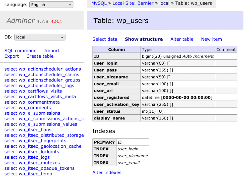 Adminer 中的 wp_users 表。