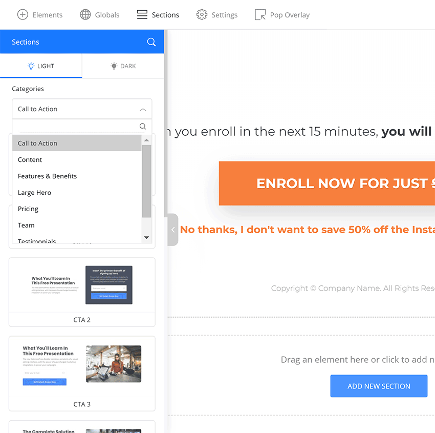 Seções do OptimizeBuilder