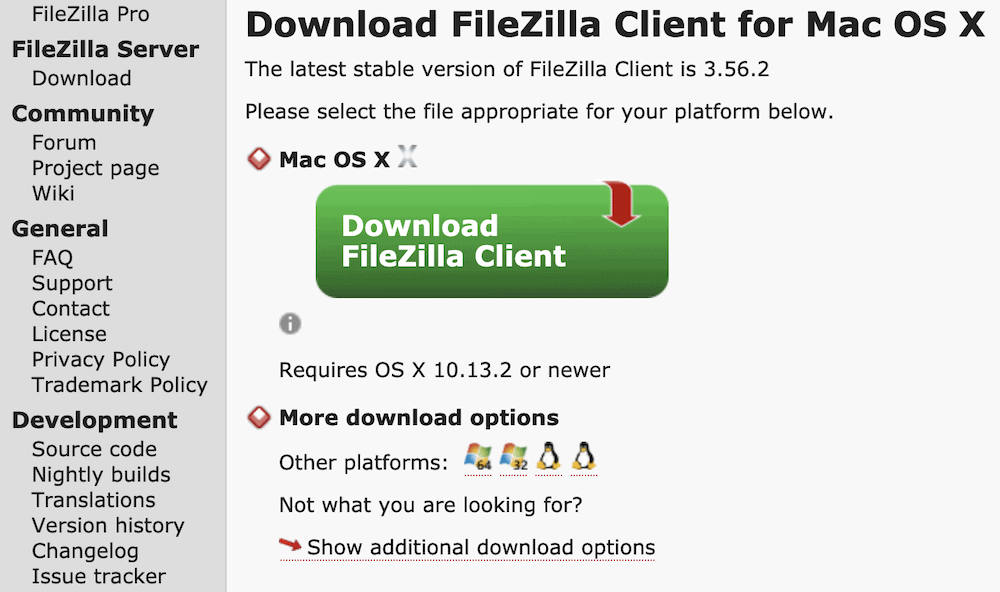 Escolhendo uma versão do FileZilla.