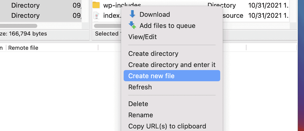 Criando um novo arquivo no FileZilla.
