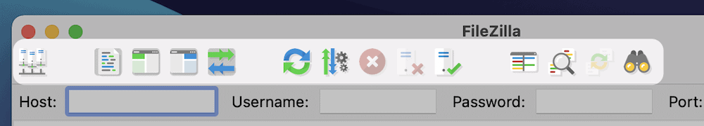 A barra de ferramentas do FileZilla.