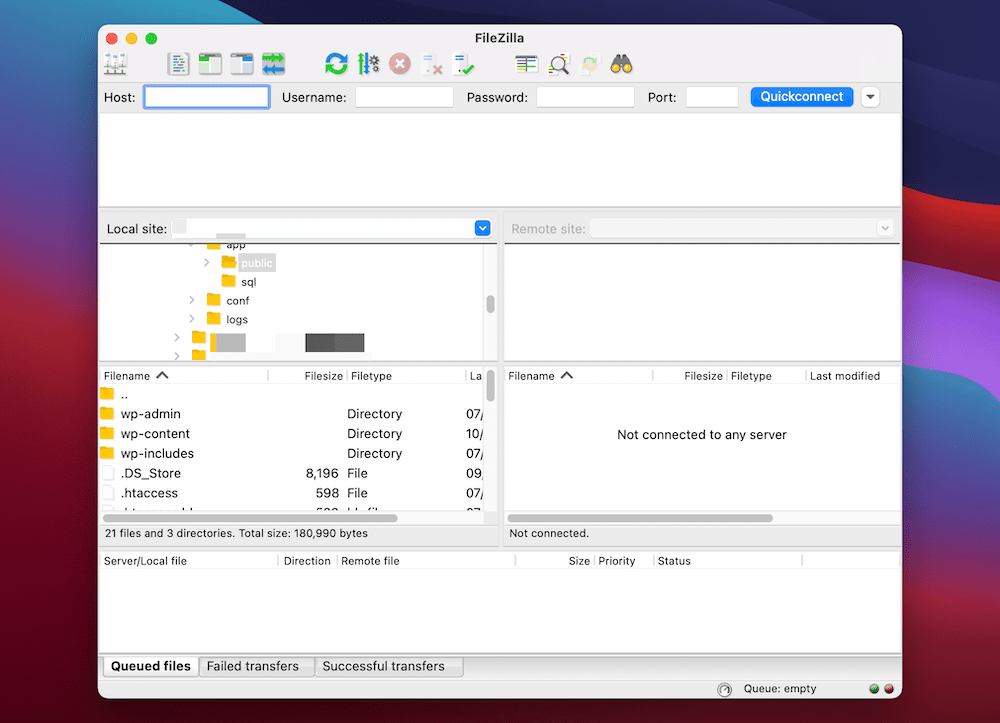 A interface do FileZilla.
