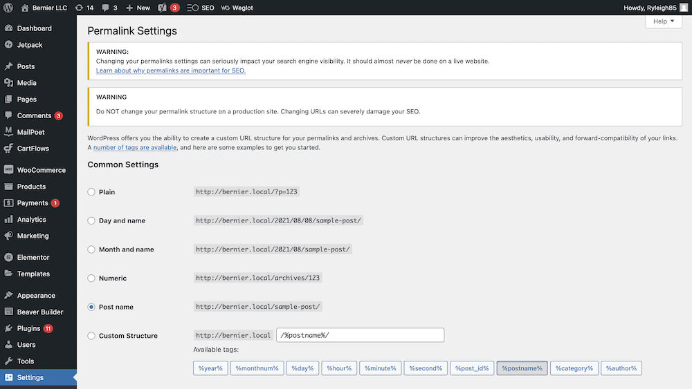 A página de links permanentes do WordPress.