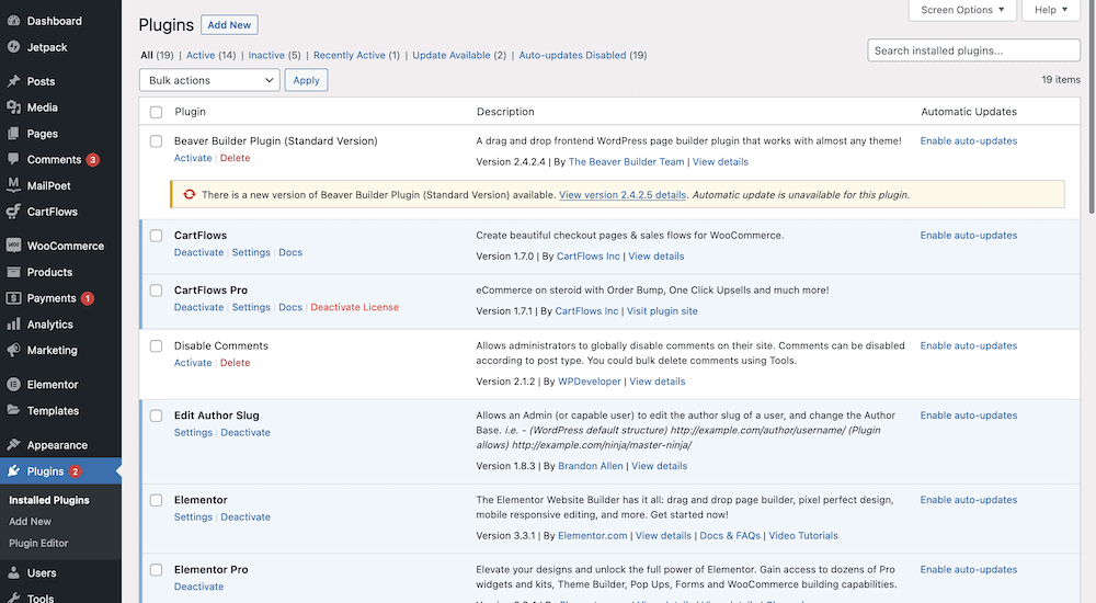 A página Plugins no WordPress.
