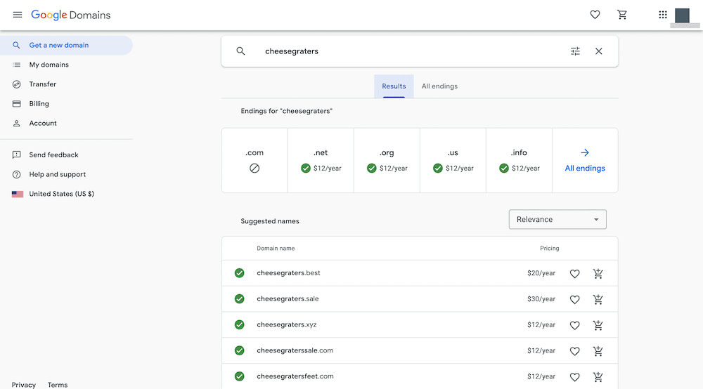 Lista wyszukiwania Google Domains.