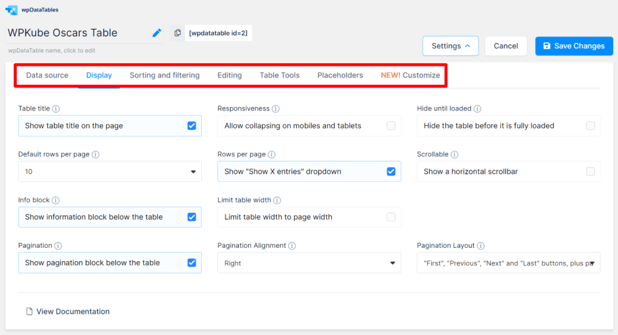 wpDataTables 表設置