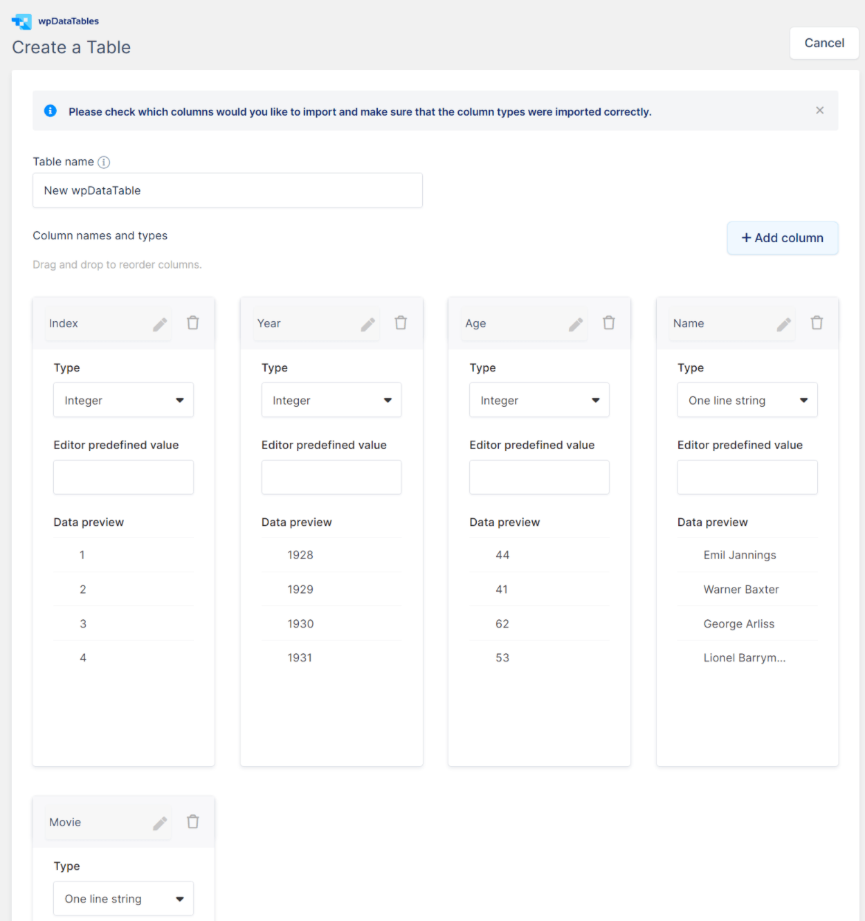 在 wpDataTables 中配置表列
