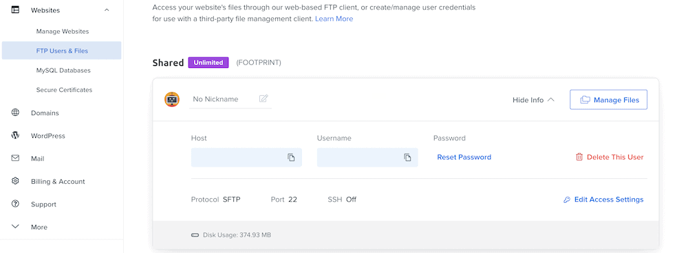 DreamHost 中的 SFTP 屏幕。