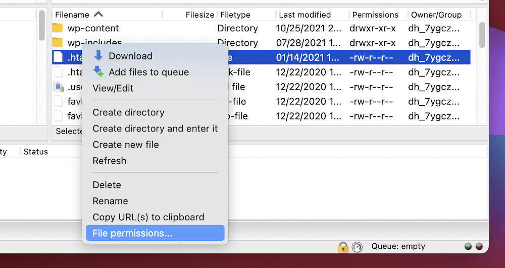 FileZilla 中的文件權限... 選項。