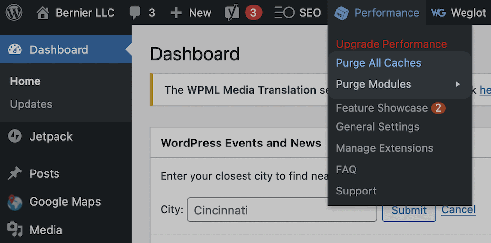 WordPress 中的清除緩存選項。