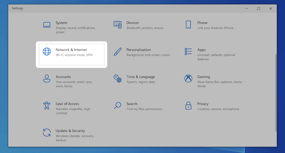 Windows 設置中的網絡和 Internet 選項。