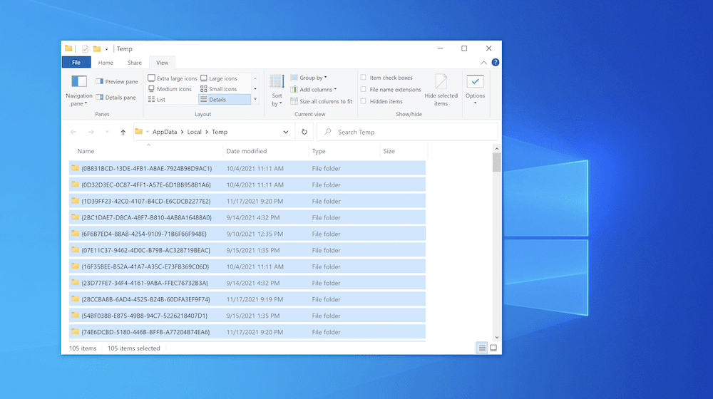 選中所有文件的 Windows Temp 文件夾。