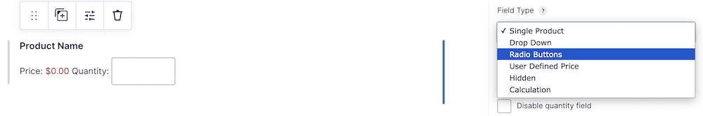 Выбор продукта Radio Buttons.