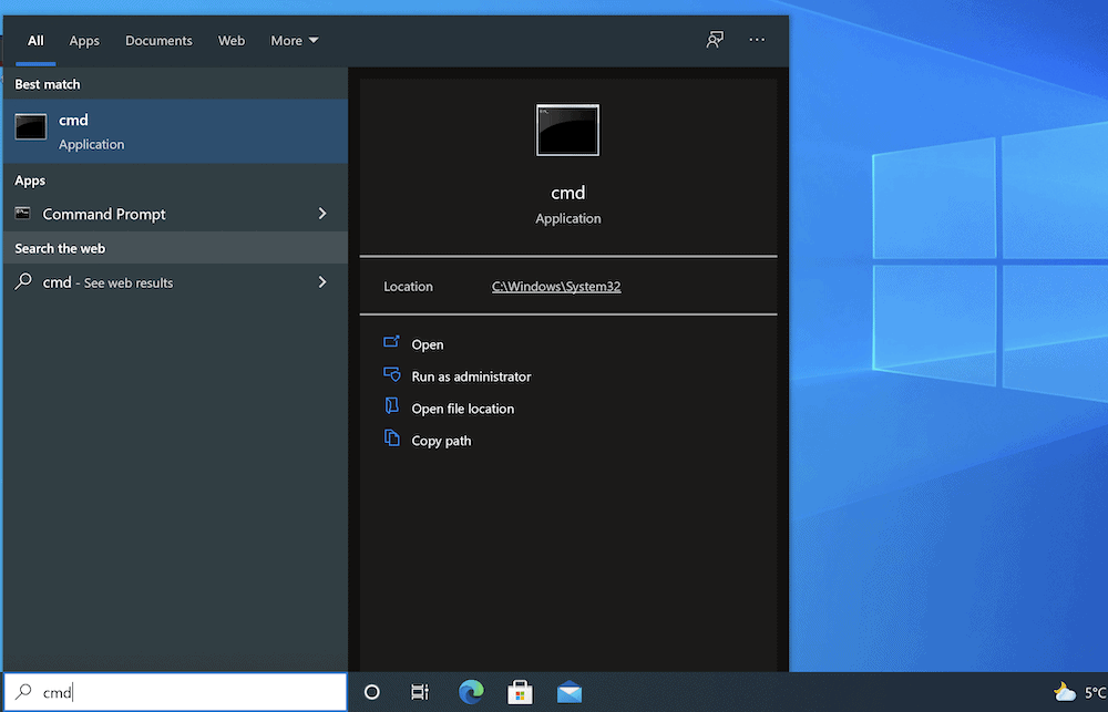 Procurando o prompt de comando no Windows.