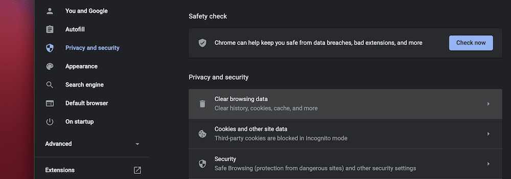 As opções Limpar dados de navegação no Chrome.