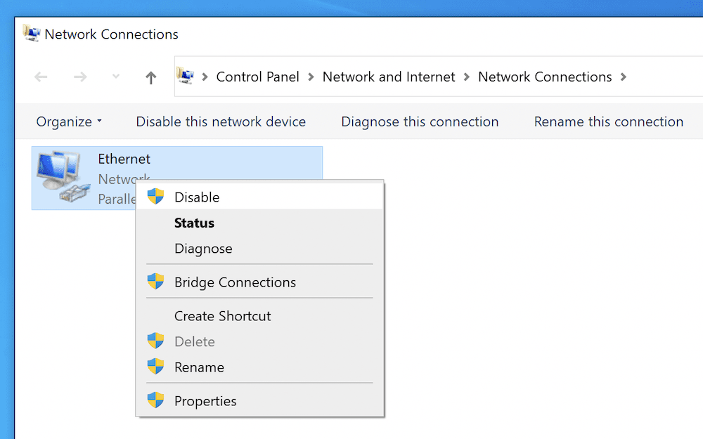 O menu de contexto para a conexão primária no Windows.