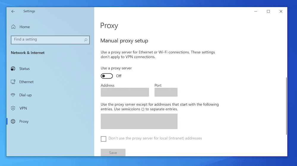 A tela Proxy do Windows.