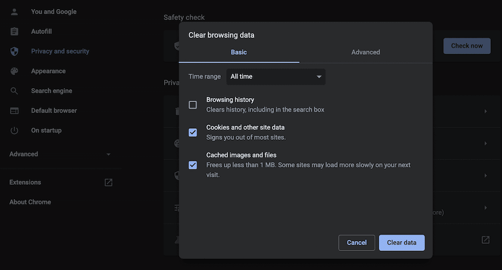 Limpando cookies e dados em cache do Chrome.