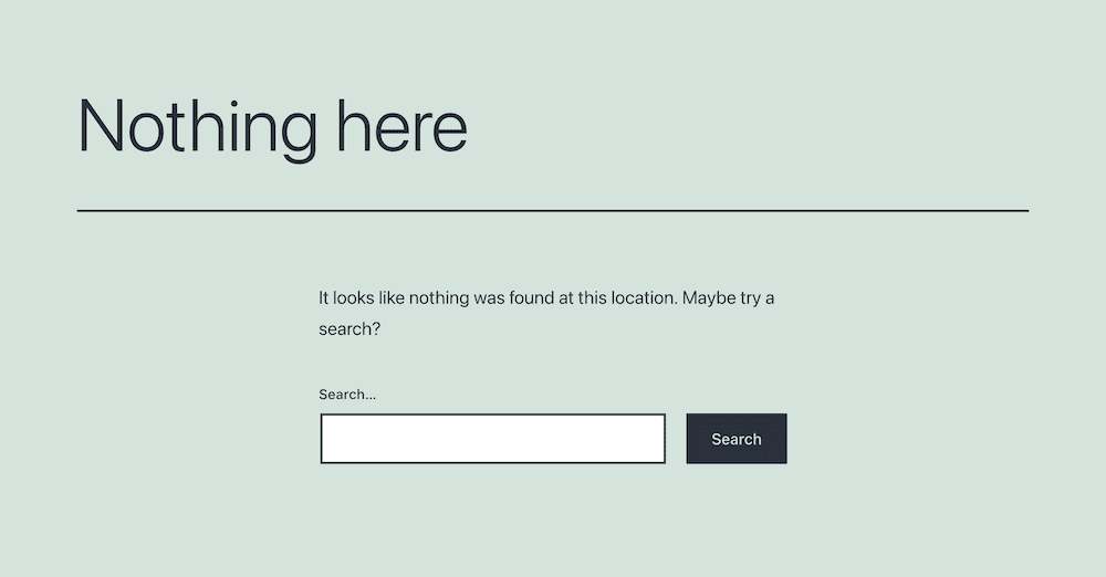 Strona WordPress 404 zawierająca pasek wyszukiwania.