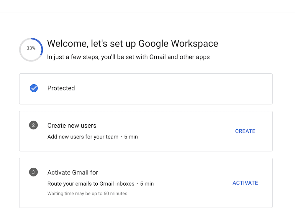 Assistente de configuração do Google Workspace, 33% concluído.