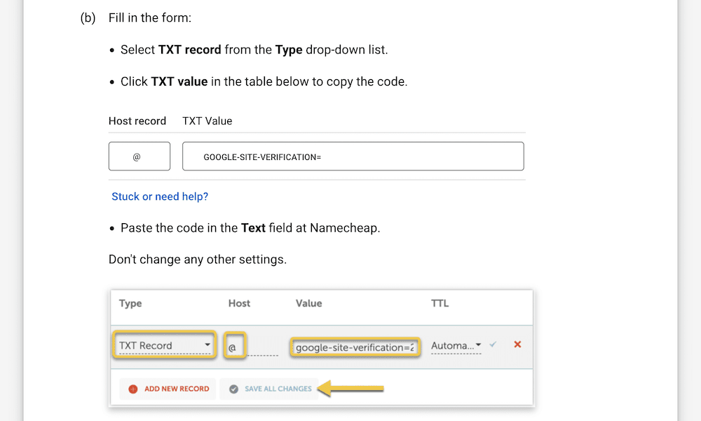 As instruções do Google para adicionar um registro TXT ao registrador de seu domínio.