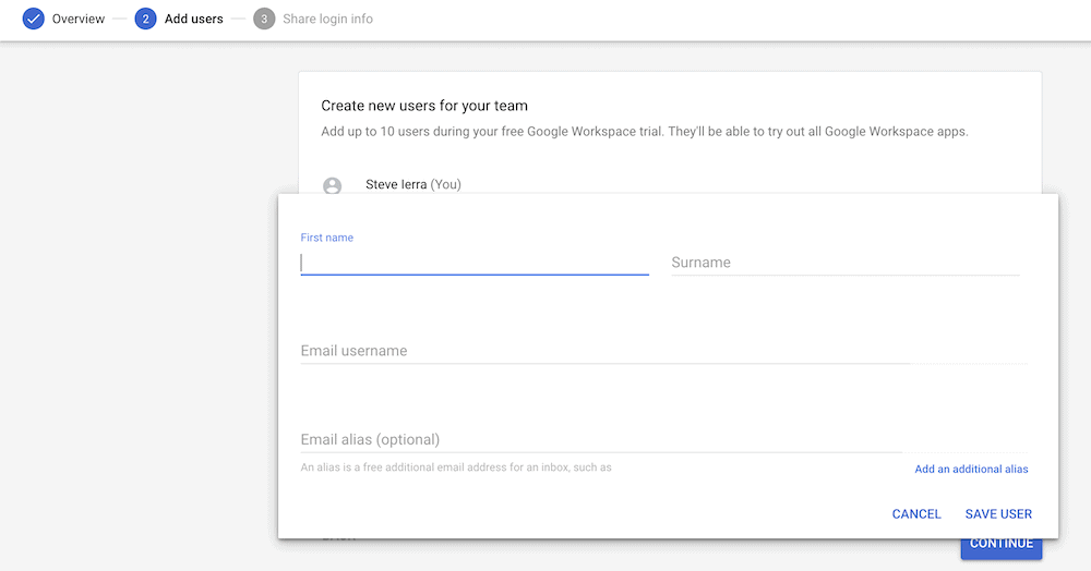 Adicionando um novo usuário no Google Workspace.