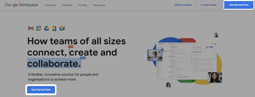 A página inicial do Google Workspace.