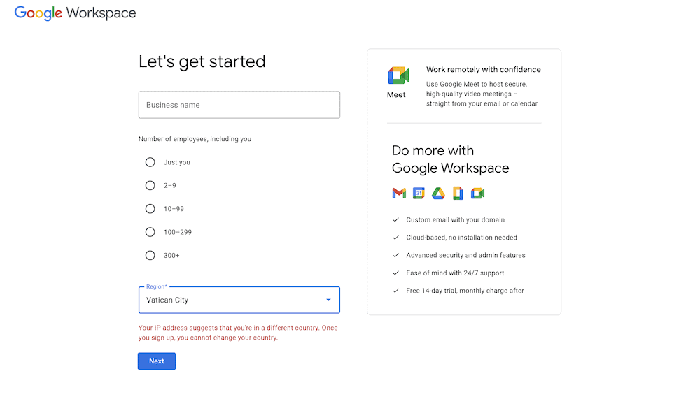 O processo de configuração do Google Workspace.