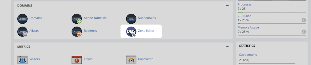 O Editor de Zona dentro do cPanel.