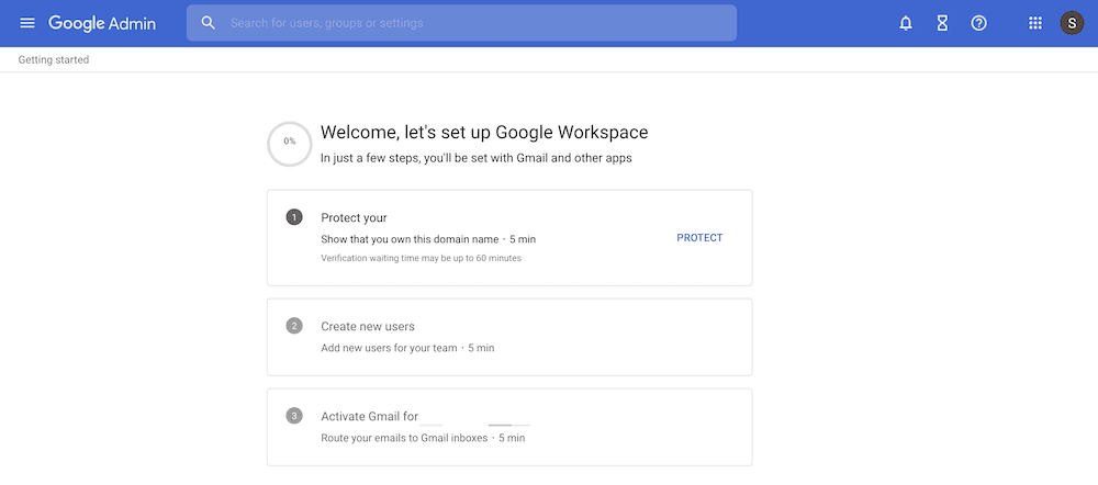 O assistente de configuração do Google Workspace.