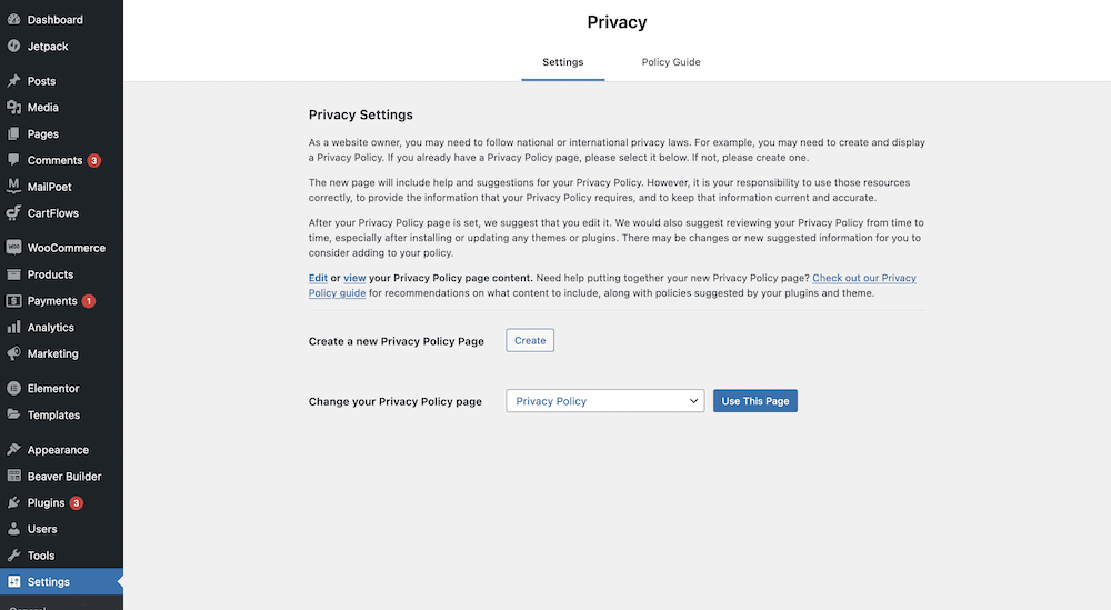 A página principal de configurações de privacidade.