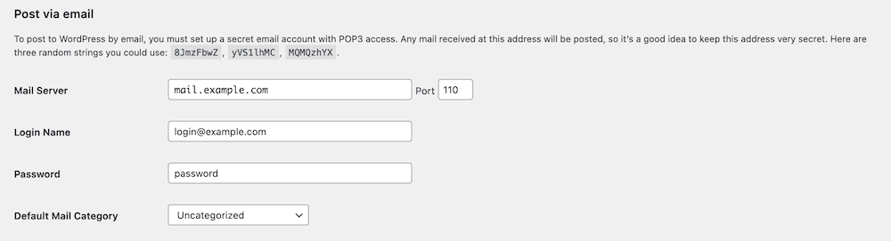 As configurações de Postar por e-mail.