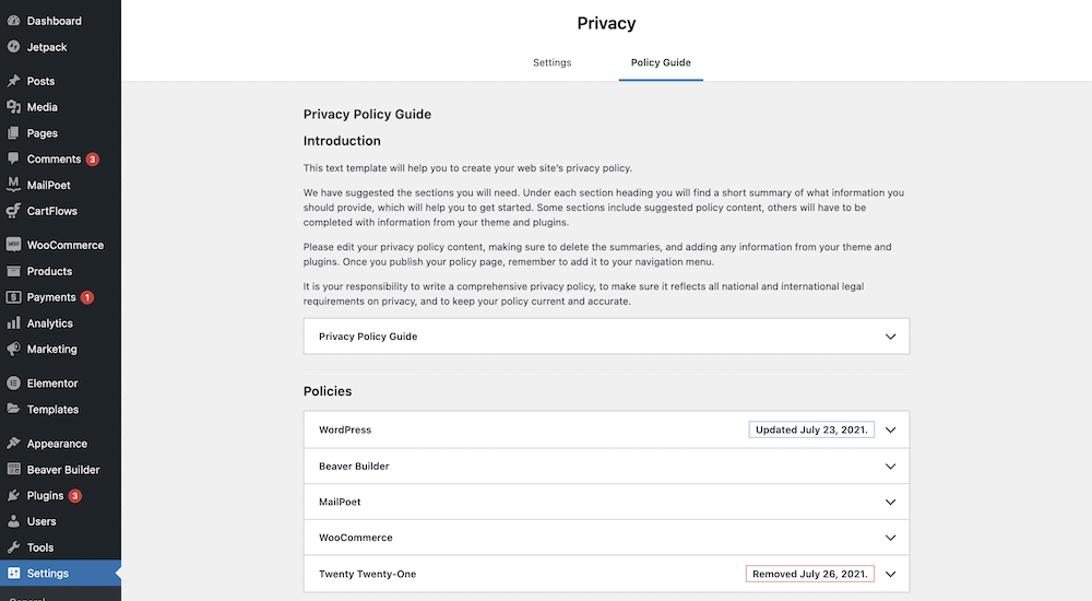A tela Privacidade.