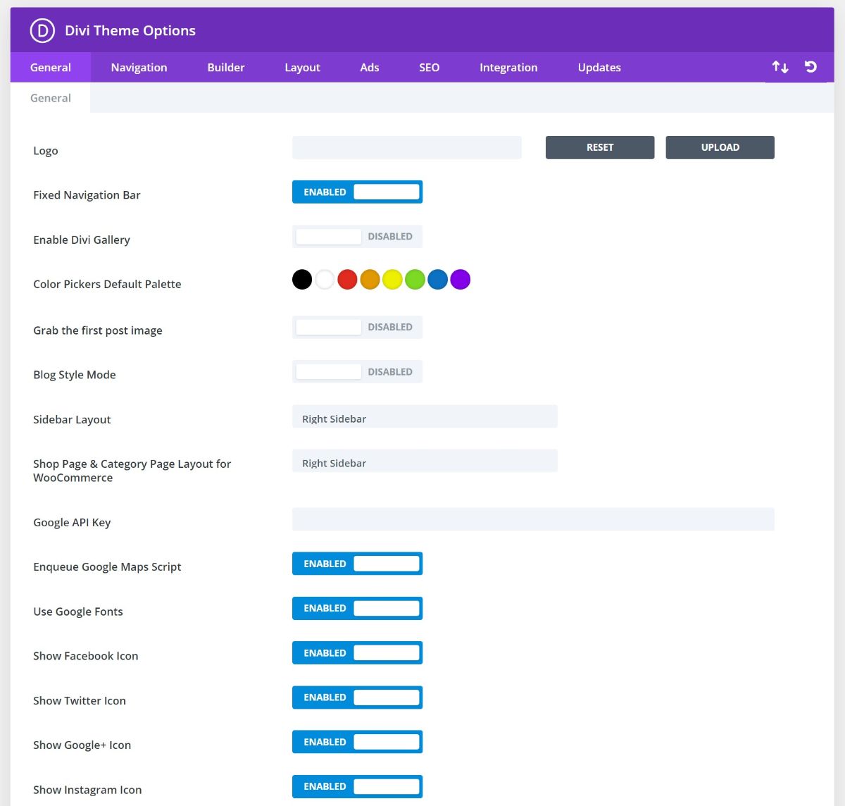 Área de opções de back-end do tema Divi