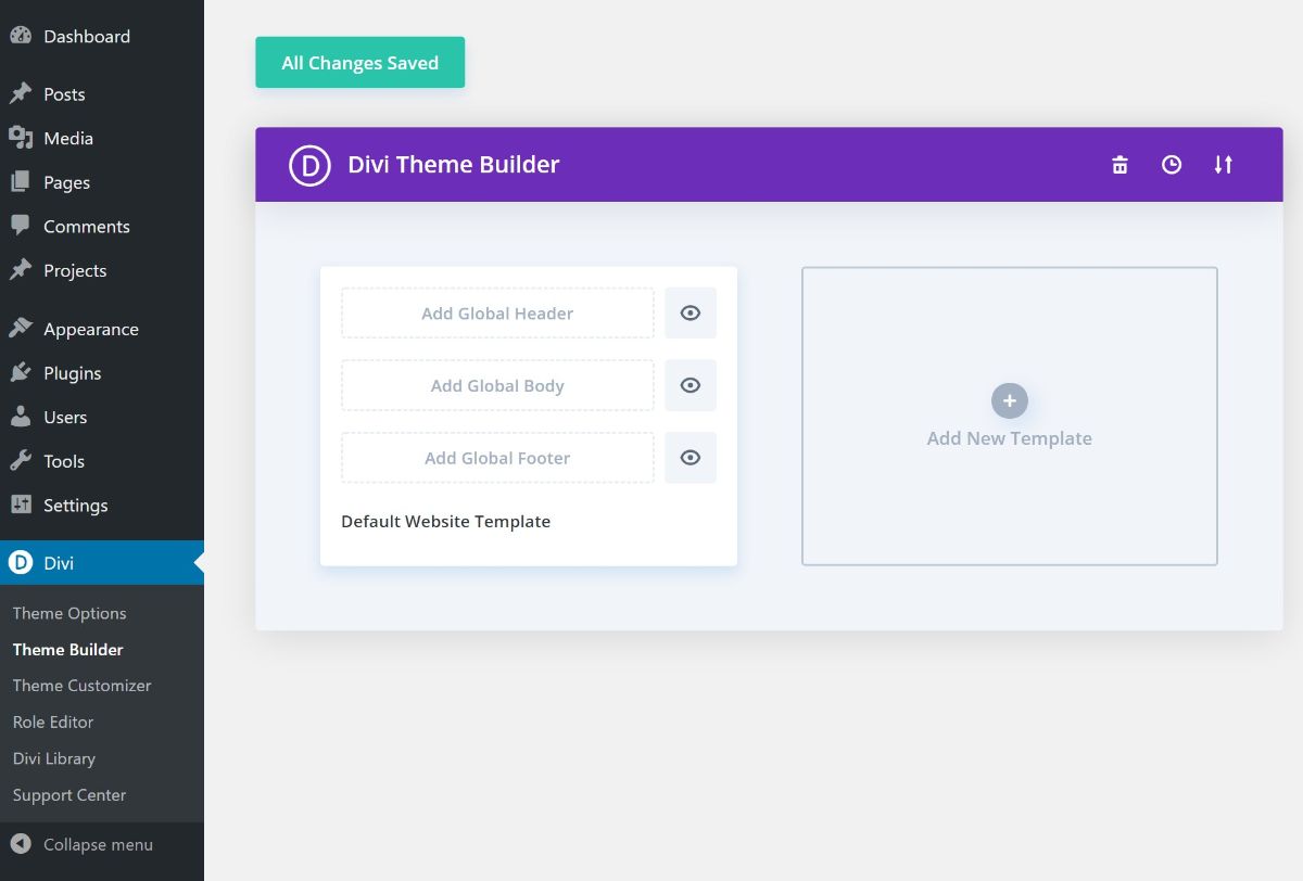 Interface do criador de temas Divi