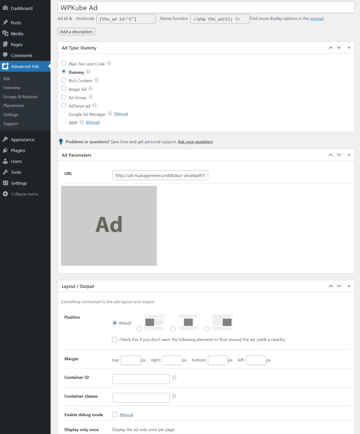 Interface de gerenciamento de anúncios do WordPress de anúncios avançados