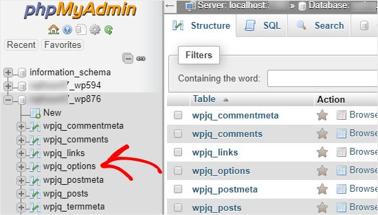 phpmyadminはデータベースとテーブルを開きます