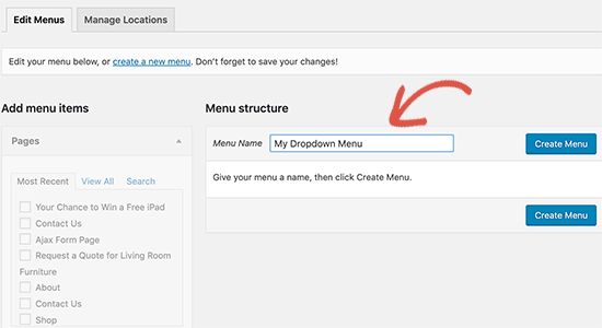 nama menu menu tarik-turun wordpress