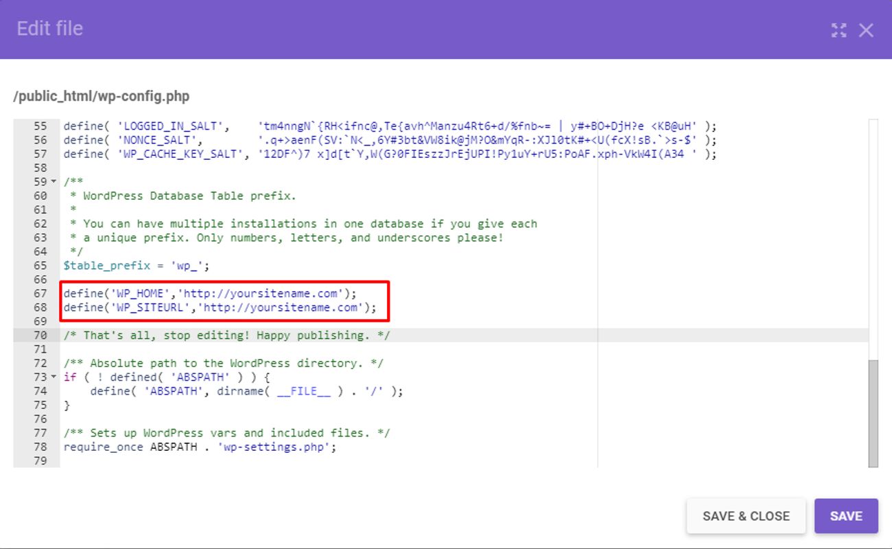 cambia il file di configurazione wp del dominio wordpress