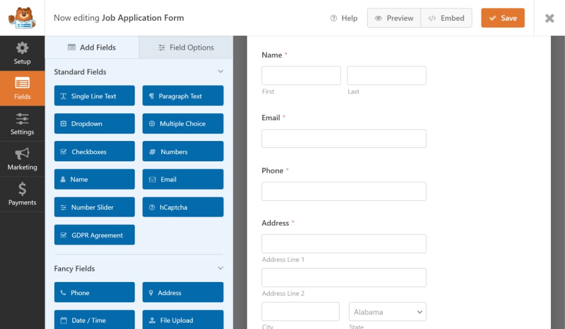 форма панели wpforms