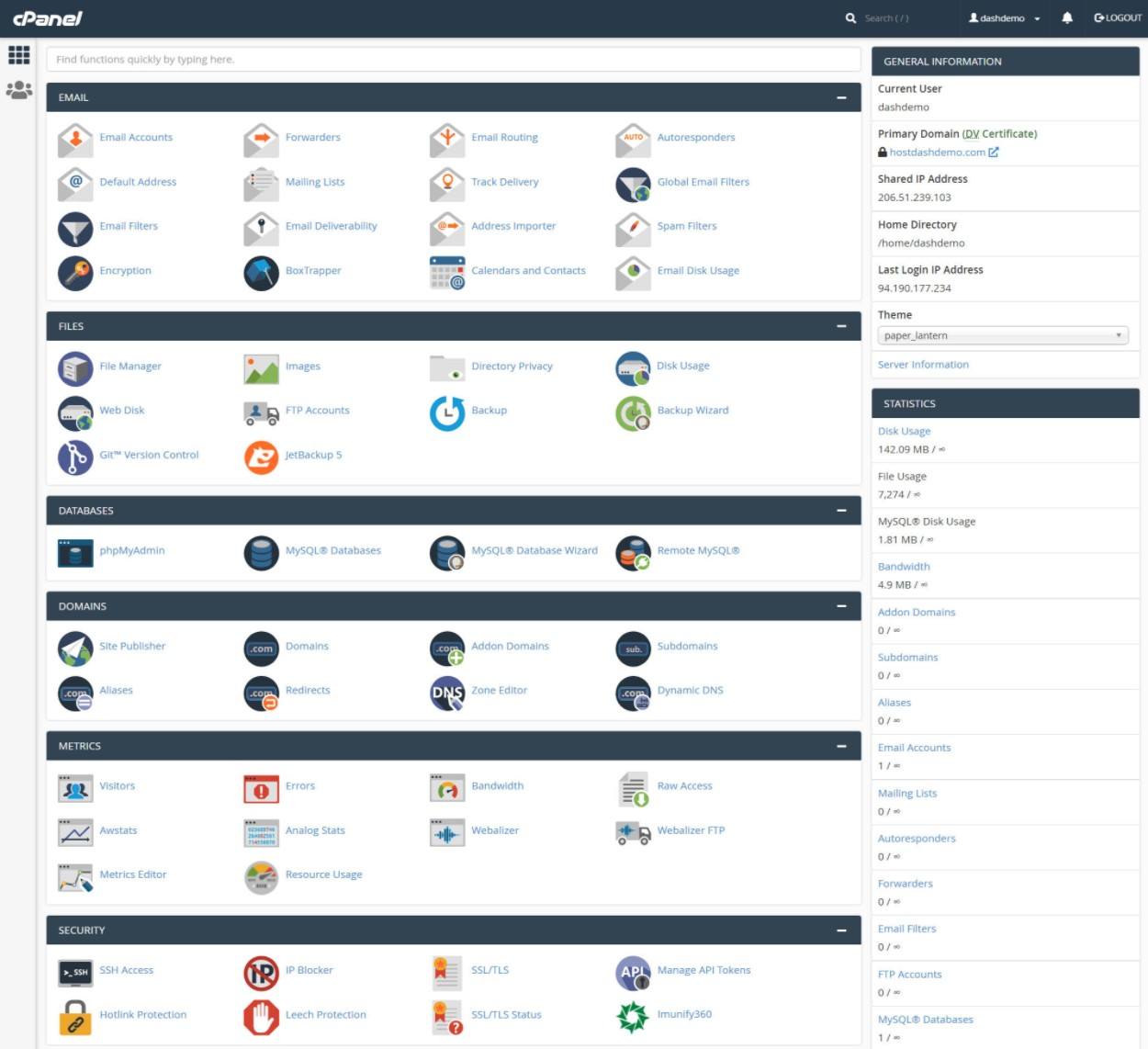 Dashboard cPanel di HostDash