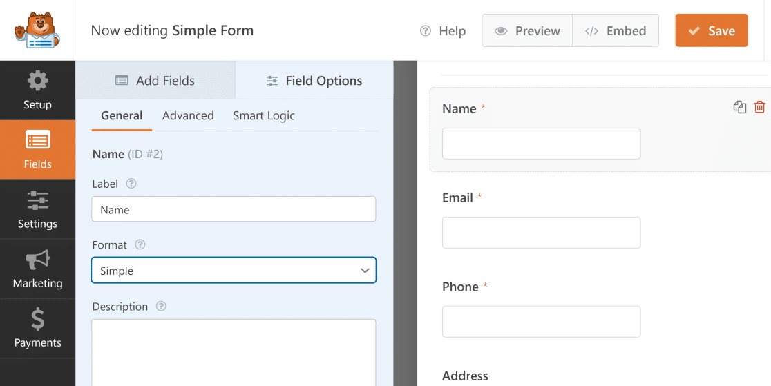 Opsi bidang WPForms