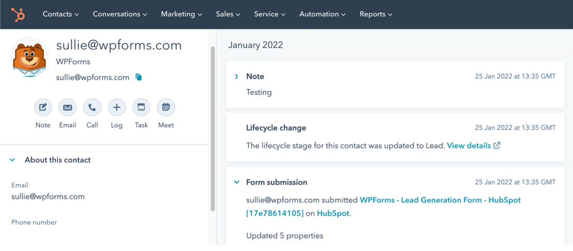 Contatto creato hubspot