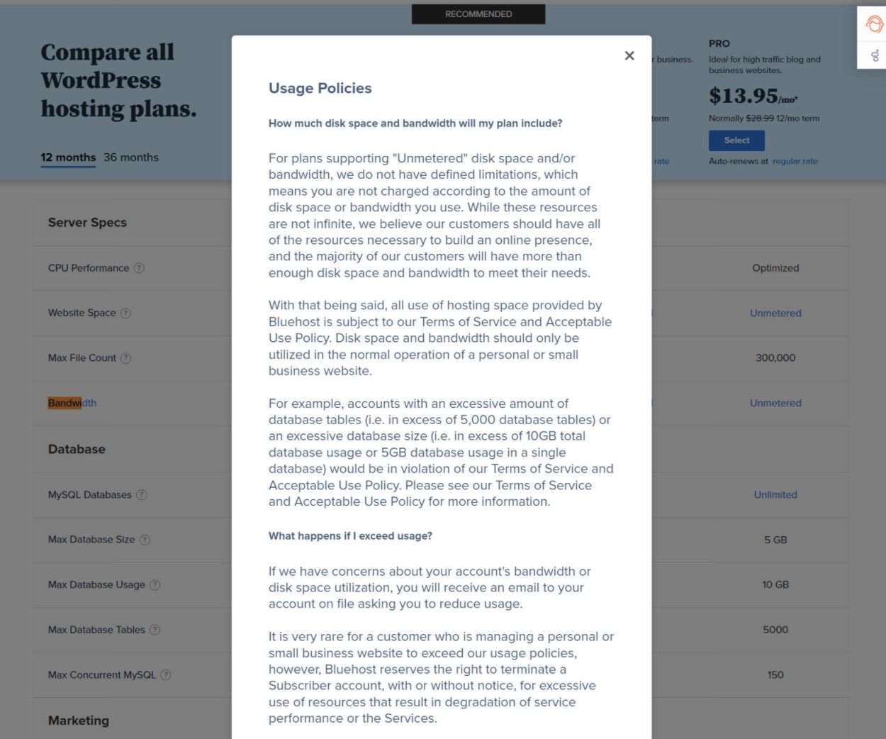Politique d'utilisation équitable de Bluehost pour la bande passante et le stockage